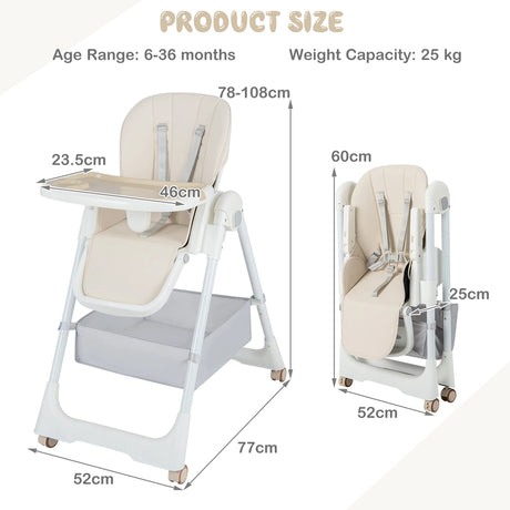 Folding Convertible Baby High Chair with Reclining Backrest-Beige