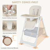 Folding Convertible Baby High Chair with Reclining Backrest-Beige