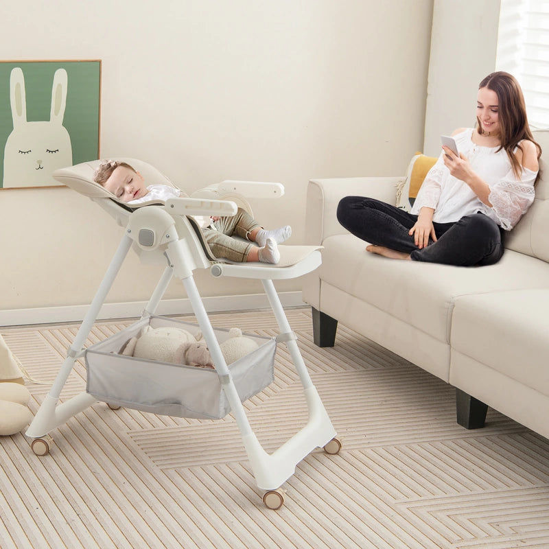 Folding Convertible Baby High Chair with Reclining Backrest-Beige