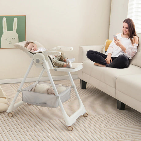 Folding Convertible Baby High Chair with Reclining Backrest-Beige