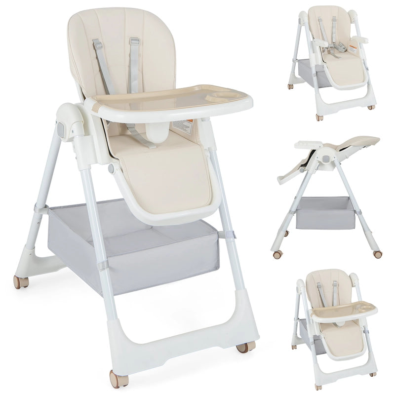 Folding Convertible Baby High Chair with Reclining Backrest-Beige