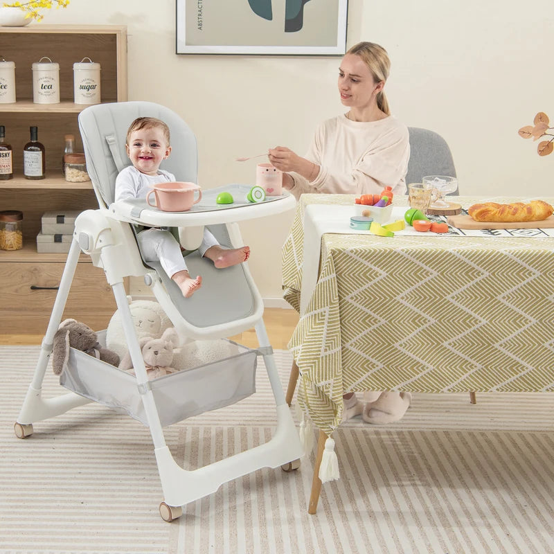 Folding Convertible Baby High Chair with Reclining Backrest-Grey