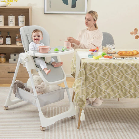 Folding Convertible Baby High Chair with Reclining Backrest-Grey