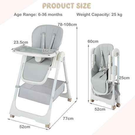 Folding Convertible Baby High Chair with Reclining Backrest-Grey