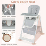 Folding Convertible Baby High Chair with Reclining Backrest-Grey