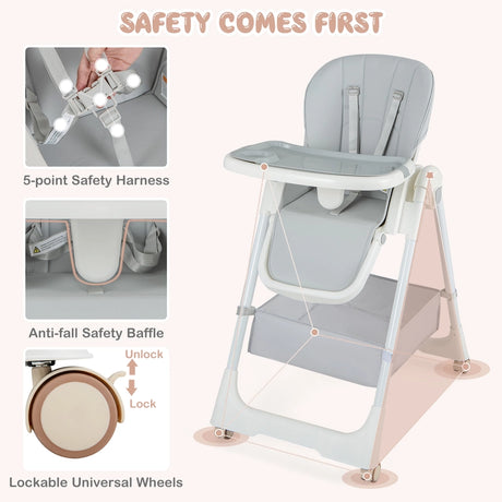 Folding Convertible Baby High Chair with Reclining Backrest-Grey