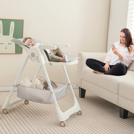 Folding Convertible Baby High Chair with Reclining Backrest-Grey