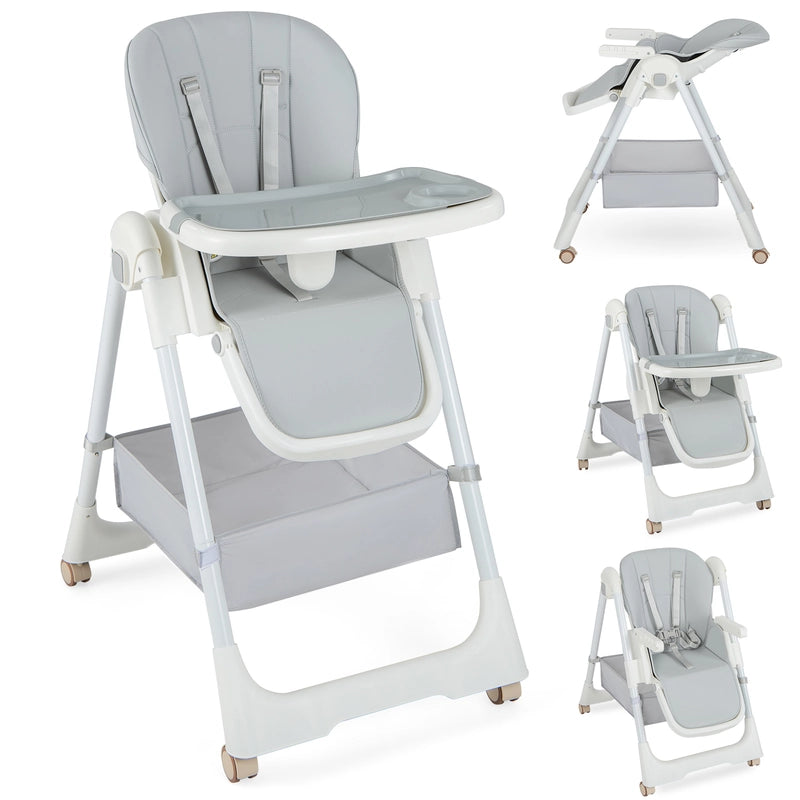 Folding Convertible Baby High Chair with Reclining Backrest-Grey