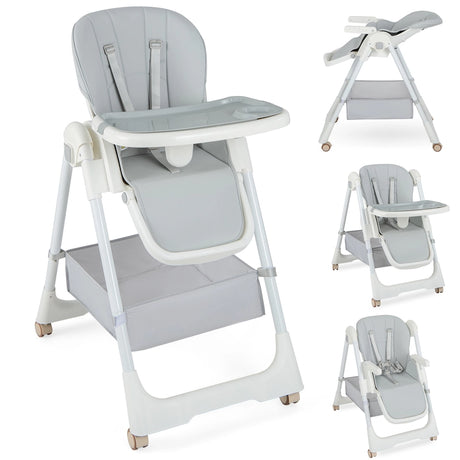 Folding Convertible Baby High Chair with Reclining Backrest-Grey