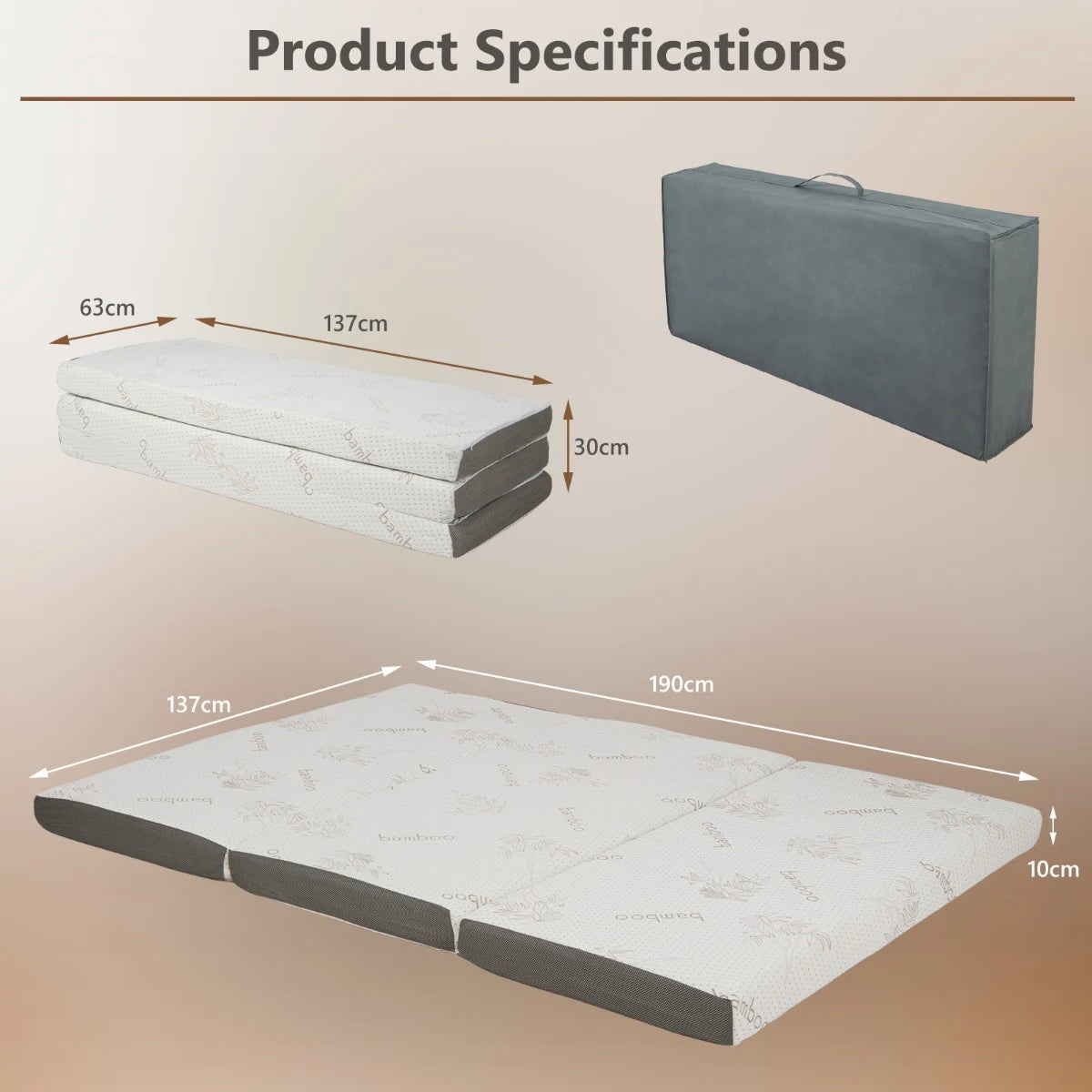 Cool Gel Memory Foam Folding Mattress with Bamboo Cover and Mesh Border Fabric-M