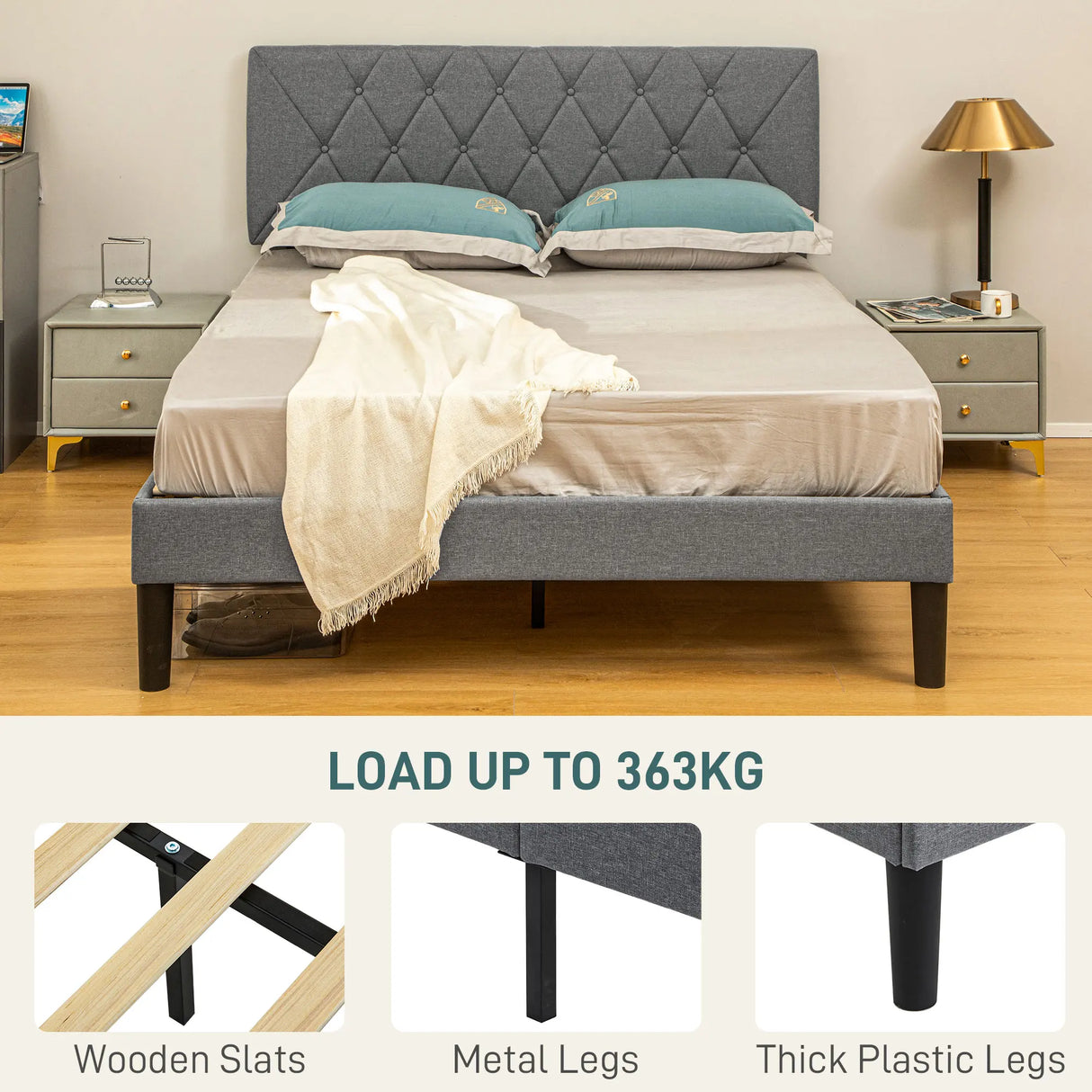 HOMCOM Double Bed Frame with 5-Level Adjustable Linen Upholstered Headboard 145W x 196D x 120Hcm, Grey