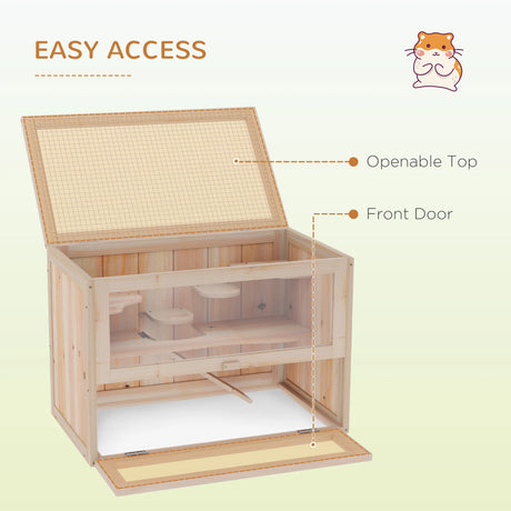 PawHut Wooden Hamster Cage Mouse Mice Rodent Small Animals Hutch Exercise Play House 60 x 35 x 42cm, Natural Wood Finish
