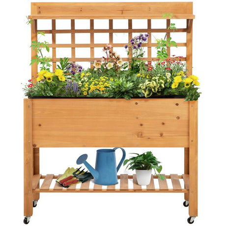 Outsunny Wooden Planter Raised Elevated Garden Bed with 2 Shelves for Vegetables Flowers