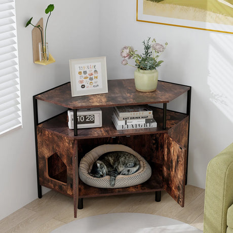 Corner Cat Litter Box Enclosure with Open Shelf Entries and Double Doors-Rustic Brown