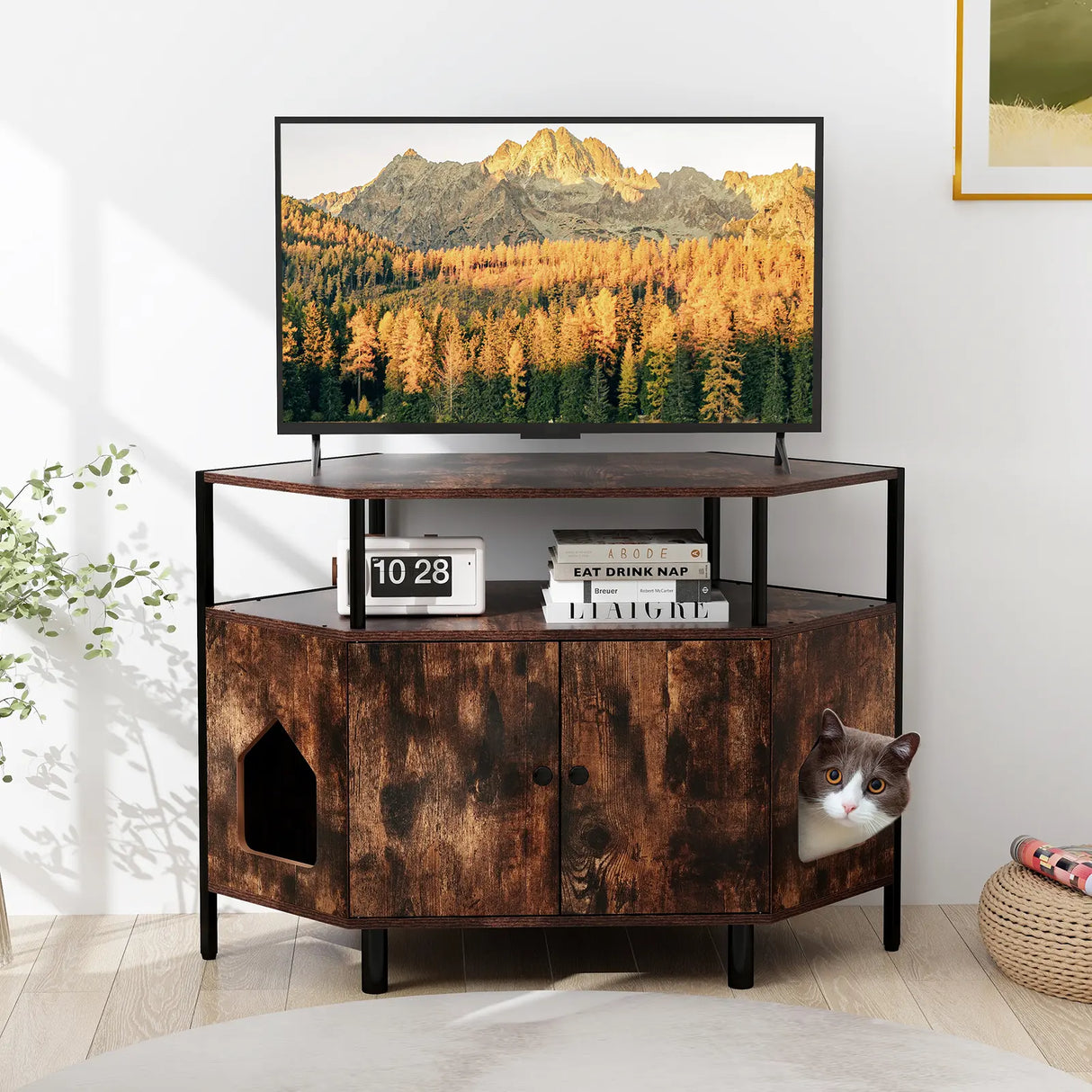 Corner Cat Litter Box Enclosure with Open Shelf Entries and Double Doors-Rustic Brown