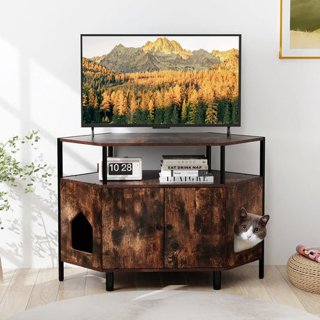 Corner Cat Litter Box Enclosure with Open Shelf Entries and Double Doors-Rustic Brown