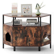 Corner Cat Litter Box Enclosure with Open Shelf Entries and Double Doors-Rustic Brown