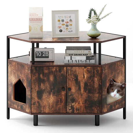 Corner Cat Litter Box Enclosure with Open Shelf Entries and Double Doors-Rustic Brown