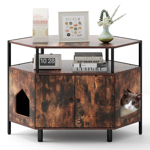 Corner Cat Litter Box Enclosure with Open Shelf Entries and Double Doors-Rustic Brown