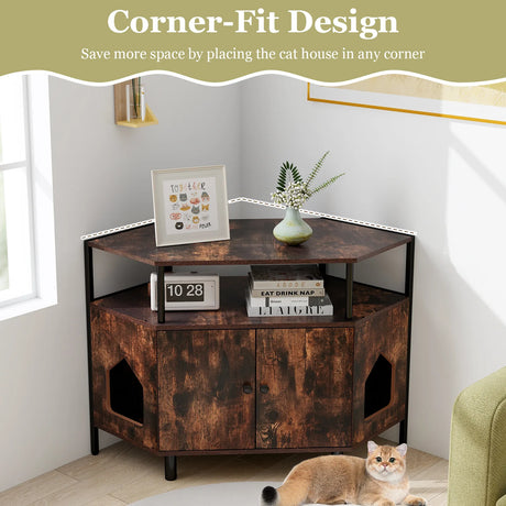 Corner Cat Litter Box Enclosure with Open Shelf Entries and Double Doors-Rustic Brown