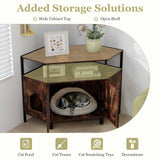 Corner Cat Litter Box Enclosure with Open Shelf Entries and Double Doors-Rustic Brown
