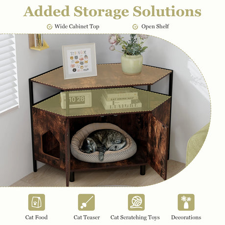 Corner Cat Litter Box Enclosure with Open Shelf Entries and Double Doors-Rustic Brown