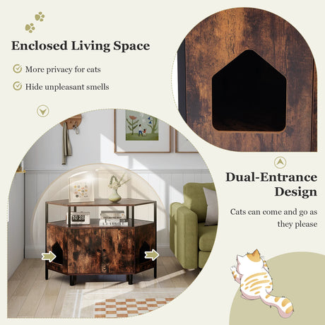 Corner Cat Litter Box Enclosure with Open Shelf Entries and Double Doors-Rustic Brown