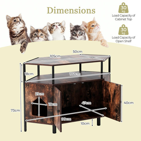 Corner Cat Litter Box Enclosure with Open Shelf Entries and Double Doors-Rustic Brown