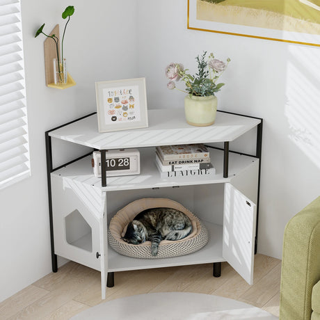 Corner Cat Litter Box Enclosure with Open Shelf Entries and Double Doors-White