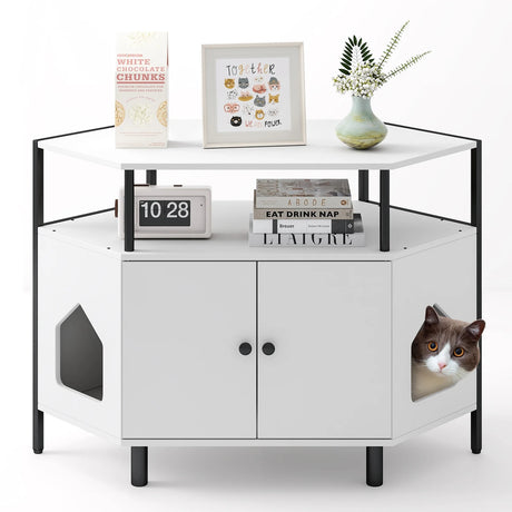 Corner Cat Litter Box Enclosure with Open Shelf Entries and Double Doors-White