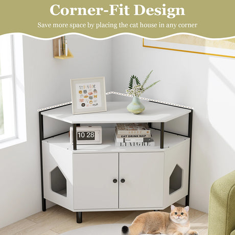 Corner Cat Litter Box Enclosure with Open Shelf Entries and Double Doors-White