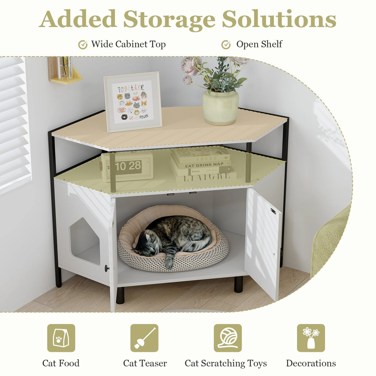 Corner Cat Litter Box Enclosure with Open Shelf Entries and Double Doors-White