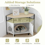 Corner Cat Litter Box Enclosure with Open Shelf Entries and Double Doors-White