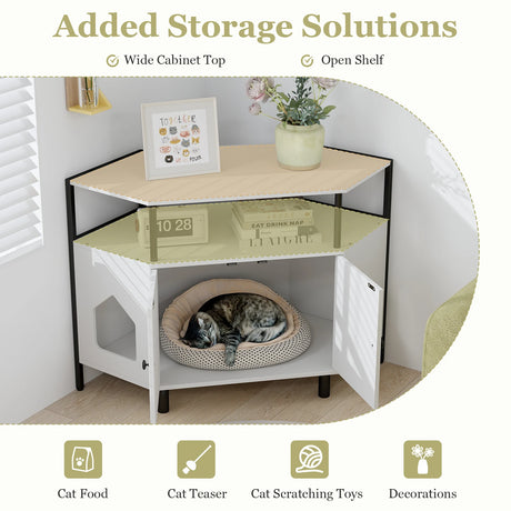 Corner Cat Litter Box Enclosure with Open Shelf Entries and Double Doors-White
