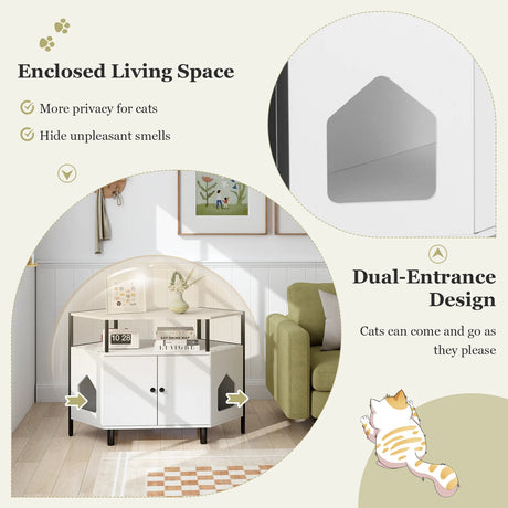 Corner Cat Litter Box Enclosure with Open Shelf Entries and Double Doors-White