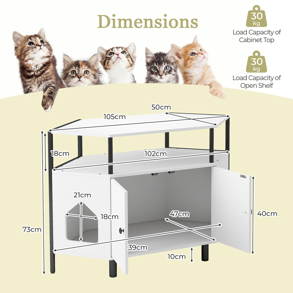 Corner Cat Litter Box Enclosure with Open Shelf Entries and Double Doors-White