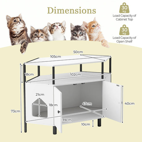 Corner Cat Litter Box Enclosure with Open Shelf Entries and Double Doors-White