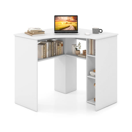 Corner Computer Desk Triangle Home Office Desk with Adjustable Shelf and Arc-Shaped Profile-White