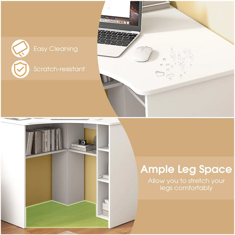 Corner Computer Desk Triangle Home Office Desk with Adjustable Shelf and Arc-Shaped Profile-White