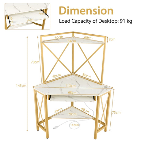 Corner Computer Desk with Hutch Storage Shelves and Keyboard Tray-White