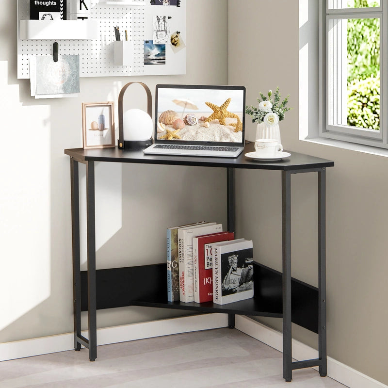 Corner Desk 90-degree Triangle Computer Desk with Power Outlet-Black