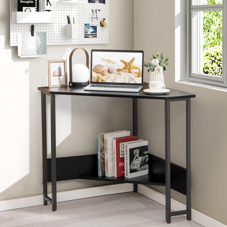 Corner Desk 90-degree Triangle Computer Desk with Power Outlet-Black