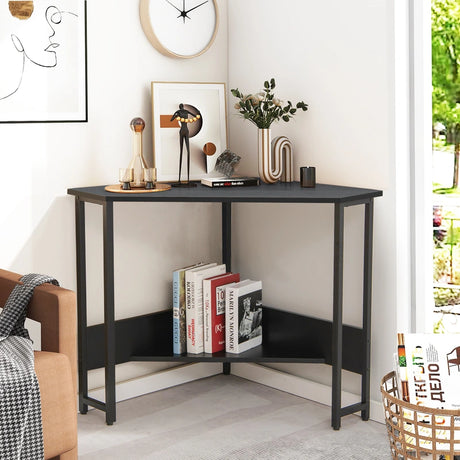 Corner Desk 90-degree Triangle Computer Desk with Power Outlet-Black