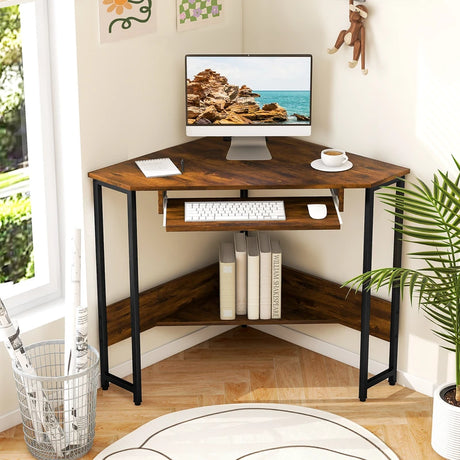 Corner Desk with Power Outlets Small Computer Desk-Rustic Brown