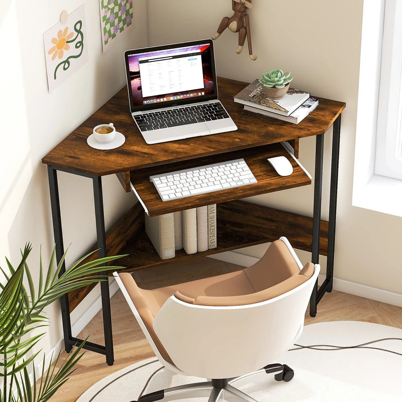 Corner Desk with Power Outlets Small Computer Desk-Rustic Brown