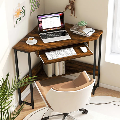 Corner Desk with Power Outlets Small Computer Desk-Rustic Brown