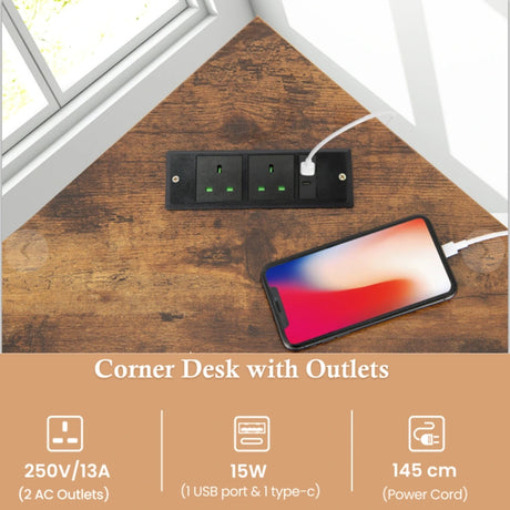 Corner Desk with Power Outlets Small Computer Desk-Rustic Brown