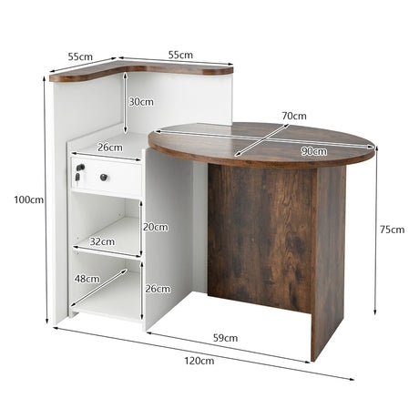 Front Reception Office Desk with Open Shelf and Lockable Drawer-Brown & White