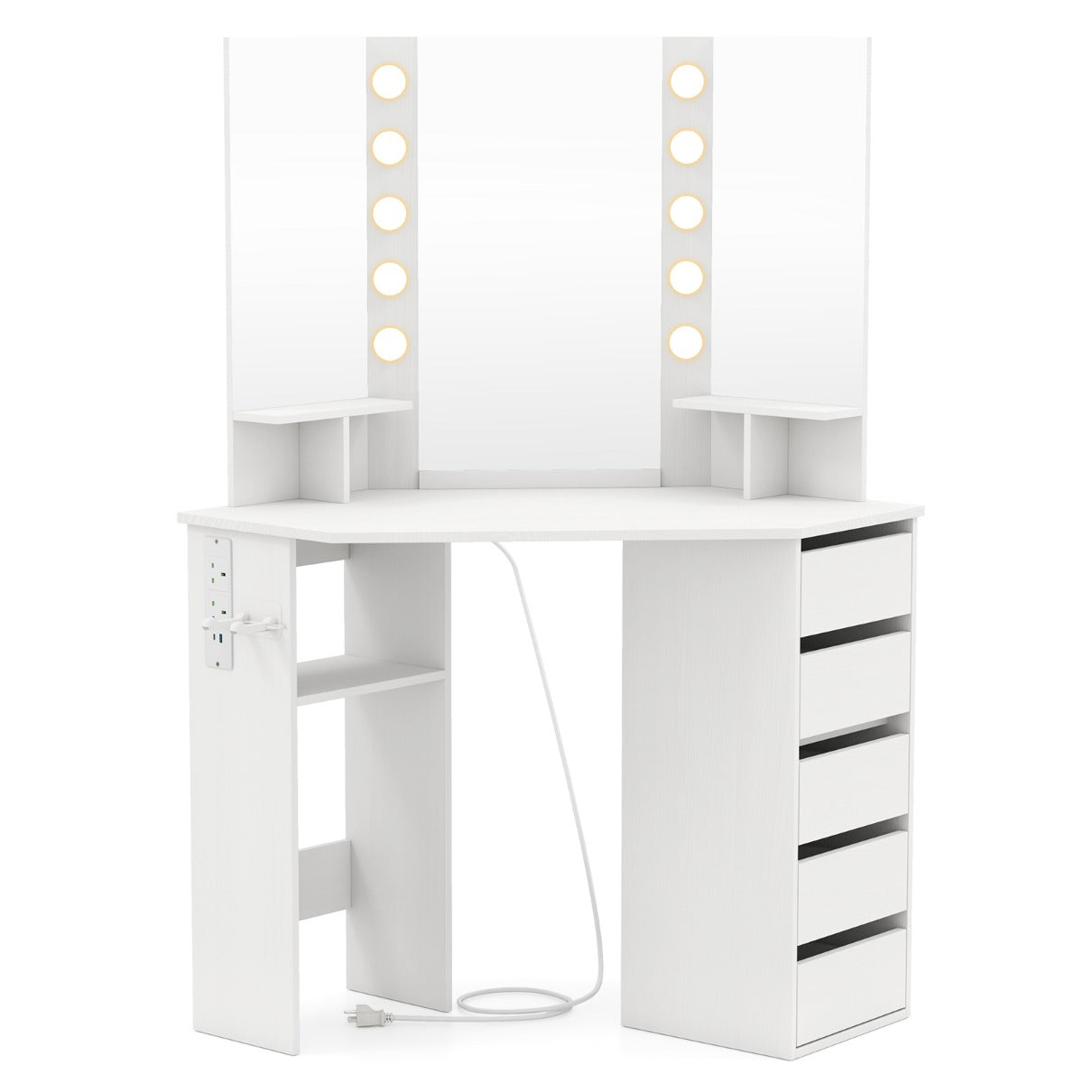 Corner Makeup Vanity Desk with Lighted Mirror Power Outlets-White