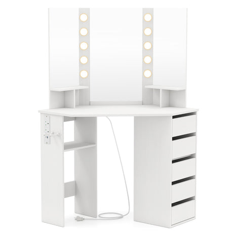 Corner Makeup Vanity Desk with Lighted Mirror Power Outlets-White